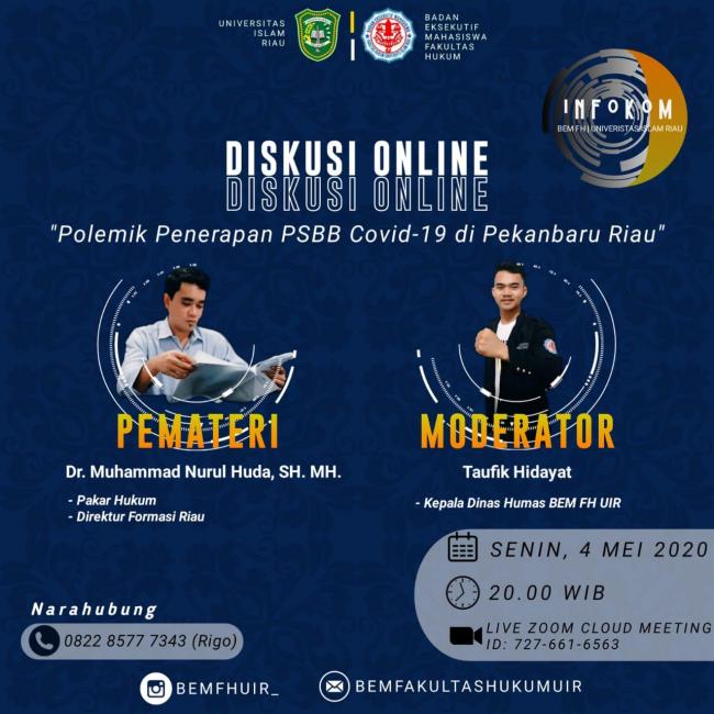 Bersama Pakar Hukum, Aktivis & Mahasiswa UIR, "Diskusi Online" Polemik Penerapan PBB Covid-19